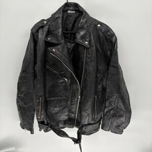 Vintage 80s Genuine Leather Biker Motorcycle Jacket W/ Zippers Belted Punk XL